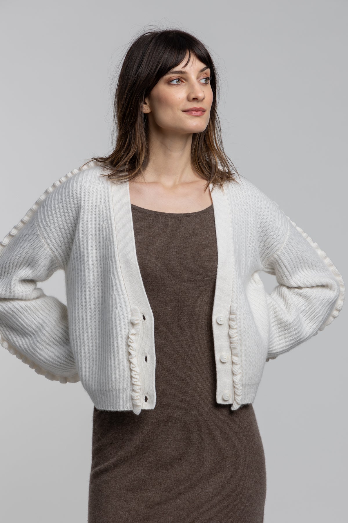 Cashmere Ruffle Trim Cardigan — Grade A Cashmere sweater | – Quinn