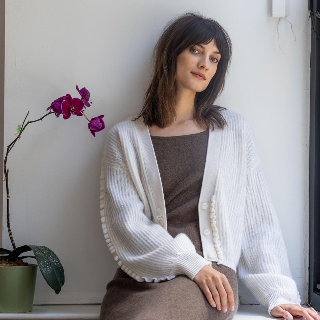 Cashmere Ruffle Trim Cardigan — Grade A Cashmere sweater | – Quinn