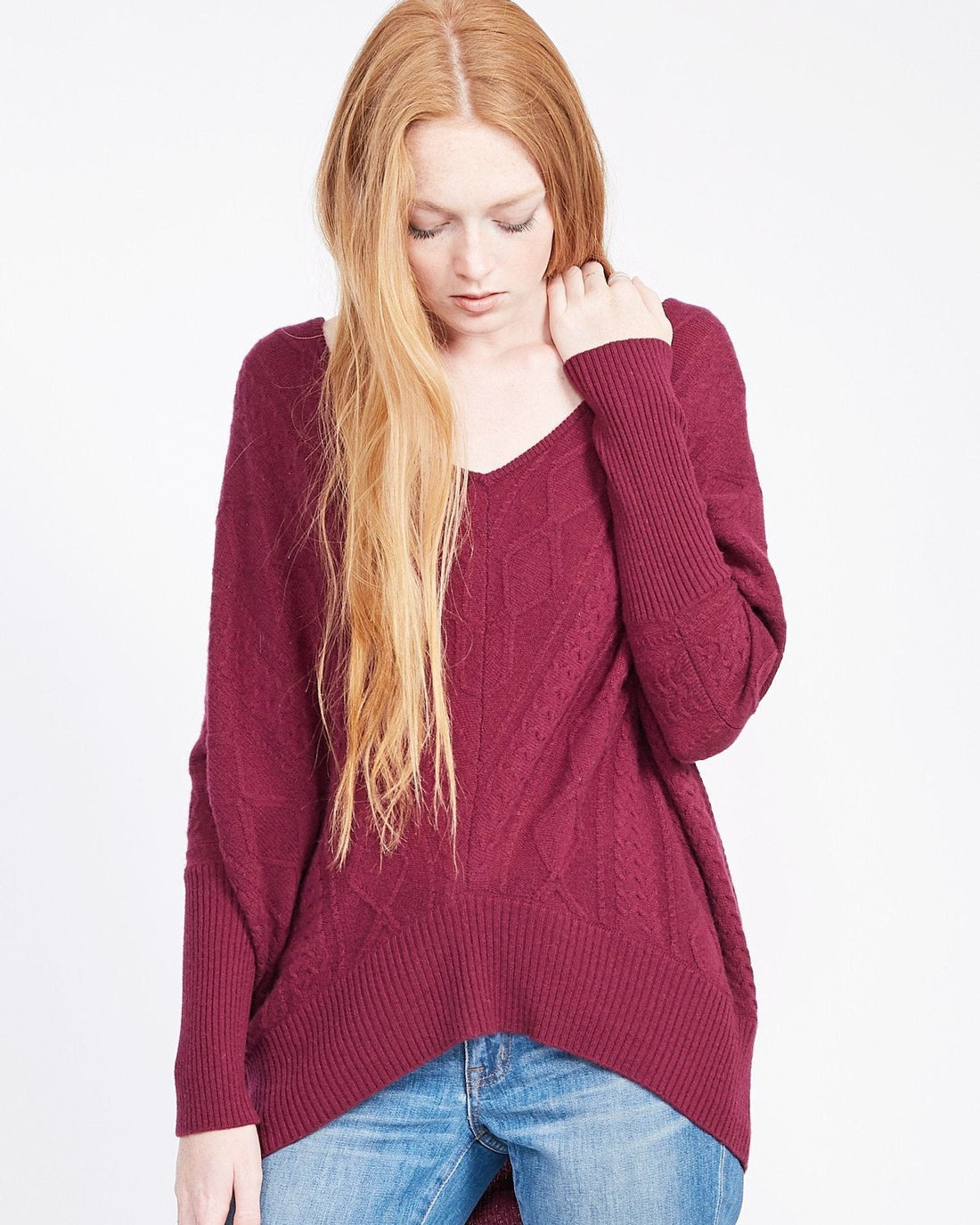 Merlot cable stitch cashmere pullover