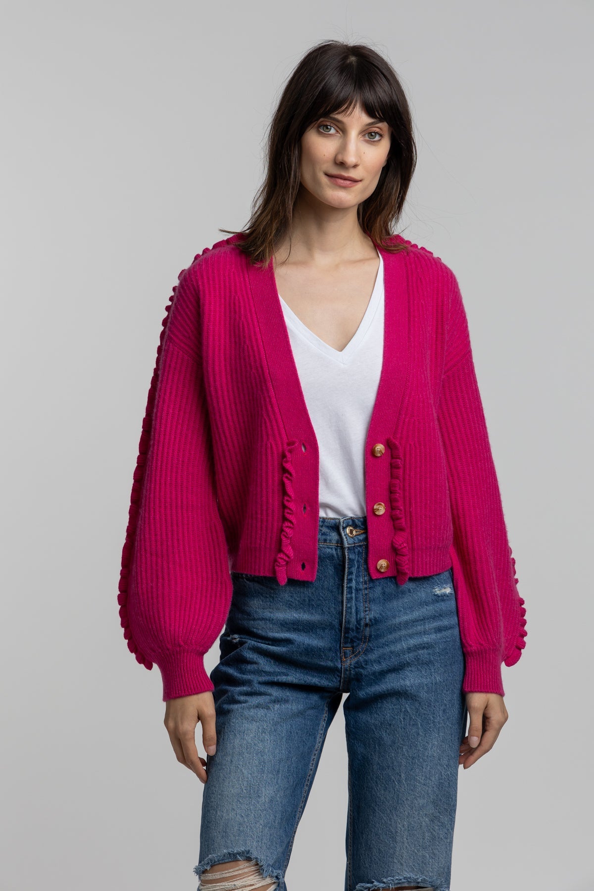 Ribbed Knit Ruffle Trim Cardigan