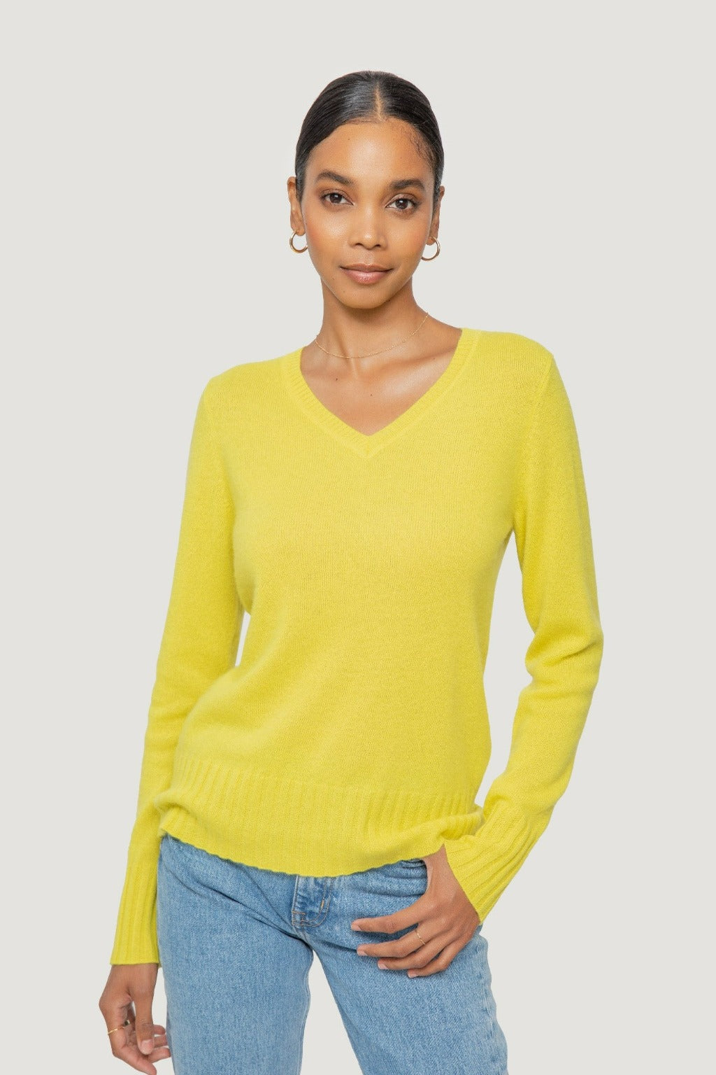 Pure Cashmere Double V Neck Sweater - Cardamom Green