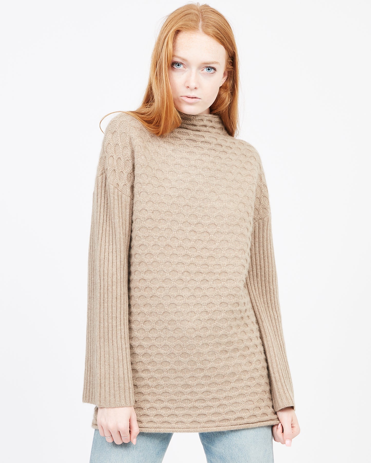 Natural Heather Jun Cashmere Funnel Neck Tunic — top in Grade A cashmere
