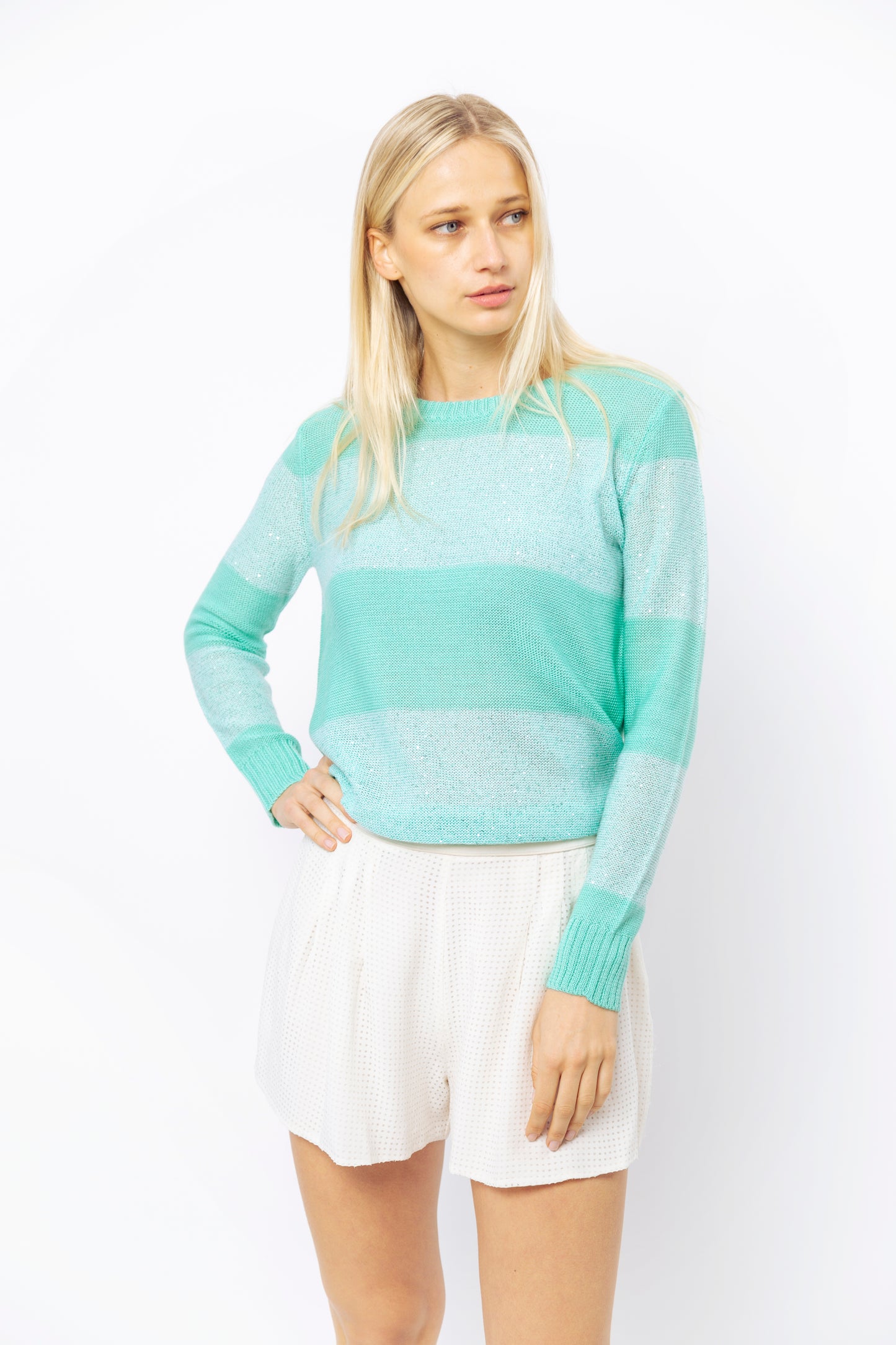 Sequin Stripe Crew in Opal/Moonlight Jade — Top by Quinn