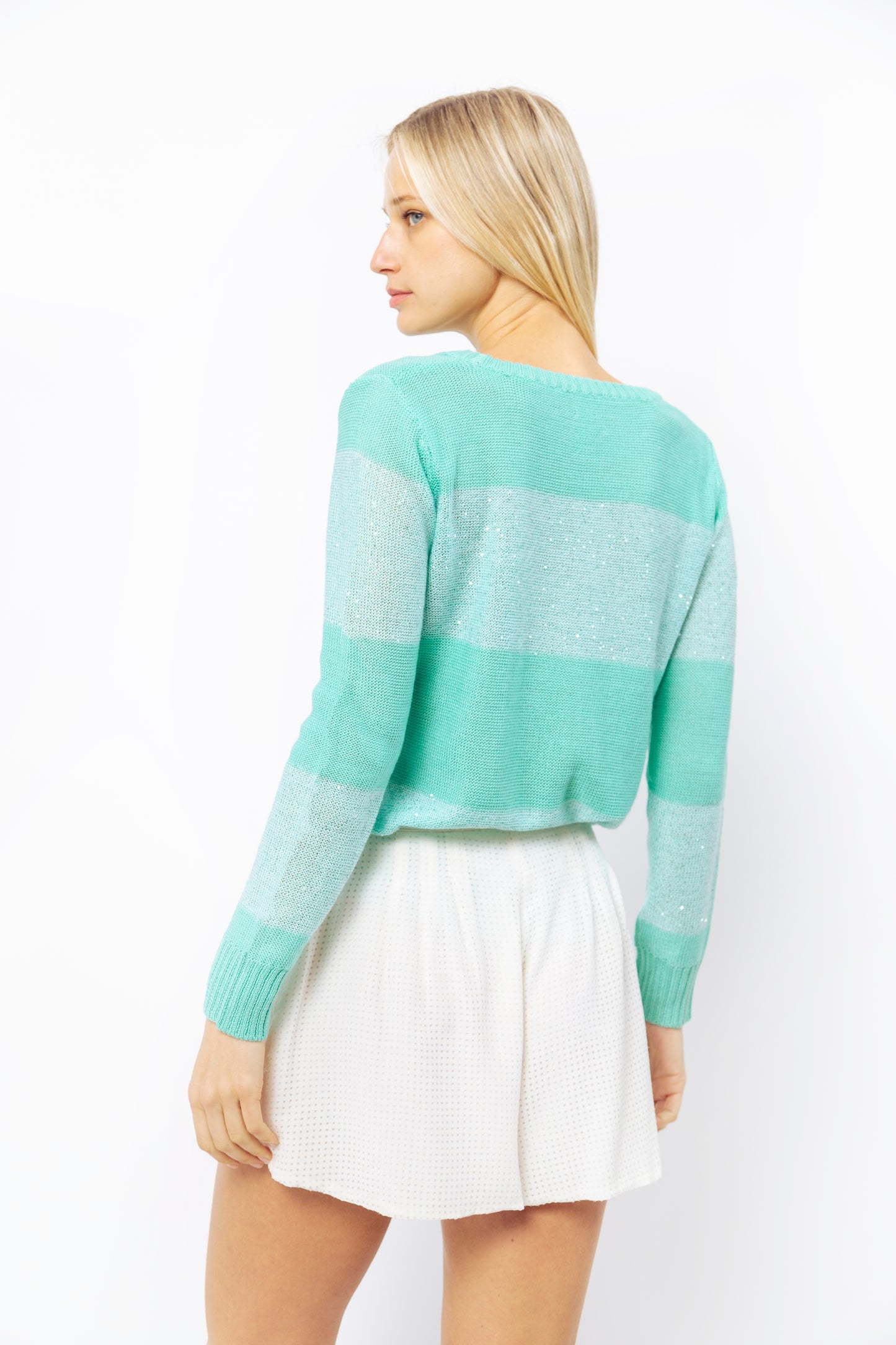 Sequin Stripe Crew in Opal/Moonlight Jade — Top by Quinn